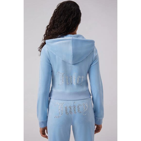Juicy Couture Women's size Medium Blue Velour Tracksuit Bling Sweatpants Hoodie - Picture 1 of 16